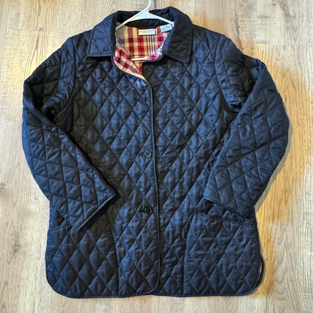 Jaclyn Smith Classic Black Quilted Jacket Red Plaid Lining Chore Barn Coat Large